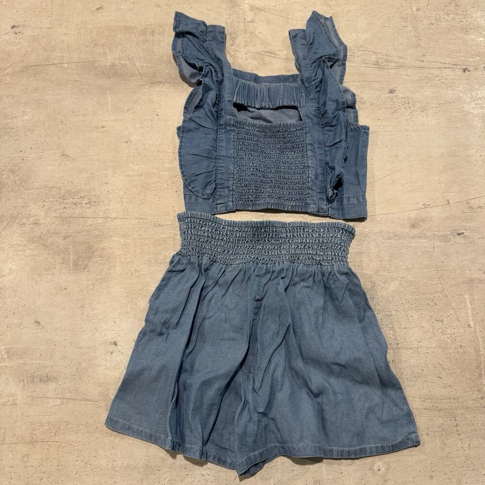 Paisley Lane Girls 2 Pc Chambray Denim Ruffle Crop Top Shorts Set Size 7 Smocked